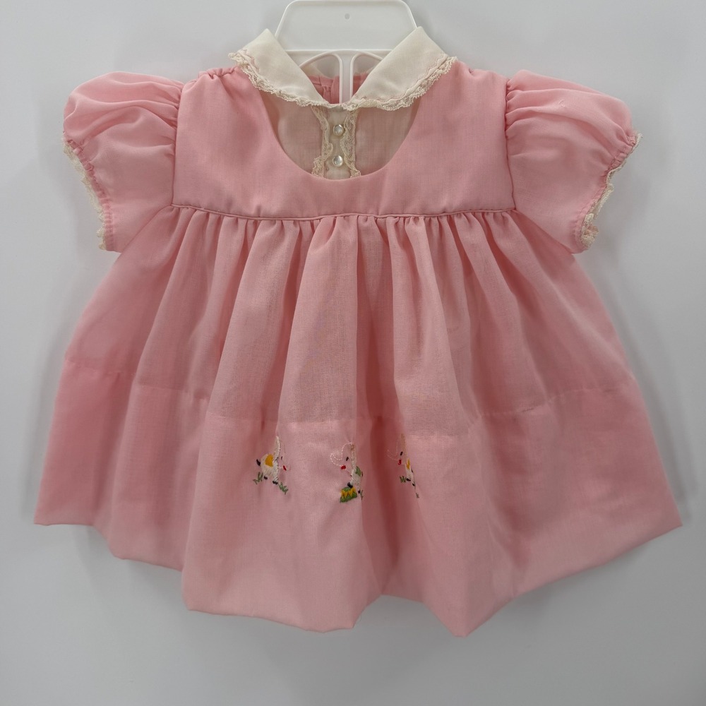 Vintage Baby Dress Embroidered Elephant Lace Trim Pink 6-9M Pastel Retro